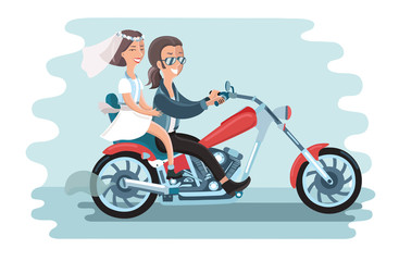 Obraz na płótnie Canvas Vector illustration of wedding young couple riding the motorcycle. The long-haired guy with glasses and jeans and cute girl in short dress and vest on white isolated background.