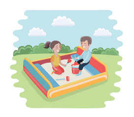 Happy kid playing in sandbox adorable cheerful little character. Childhood summer playground sand kid playing sandbox. Little cute happy play kid playing sandbox outdoor with toy vector character.