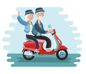 Foto op Plexiglas Old people driving scooter vector illustration. Image of pagoda in Asia. Illustration of modern old people lifestyle - happy, smiling, active, traveling © iracosma
