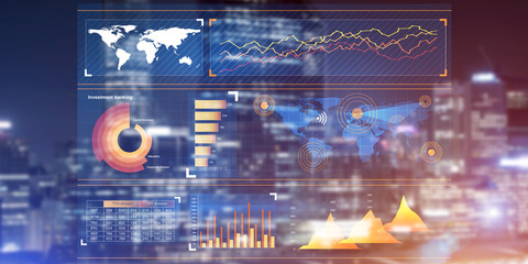 Financial consulting and analytics concept with infographs on screen and cityscape at background