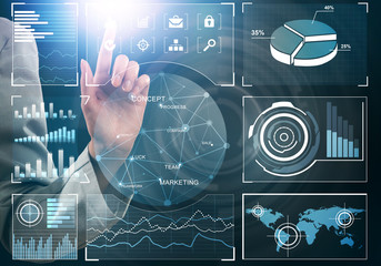 Hand of businesswoman pressing with finger icon on media screen