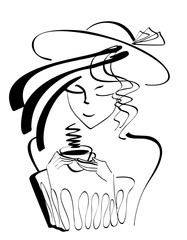 Vector portrait silhouette of woman drinking cup of coffee with hat and hairstyle. Logo design for poster or banner, isolated illustration in black color on the white background