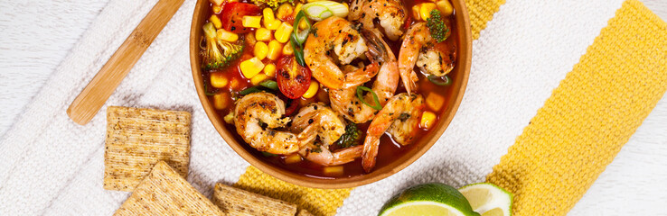 Tomato Soup With Shrimp, Broccoli and Corn. Selective focus.