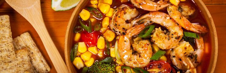 Tomato Soup With Shrimp, Broccoli and Corn. Selective focus.
