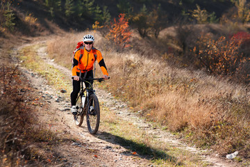 Plakat Cyclist in the orange jacket riding a bike on countryside road at the sunrise.