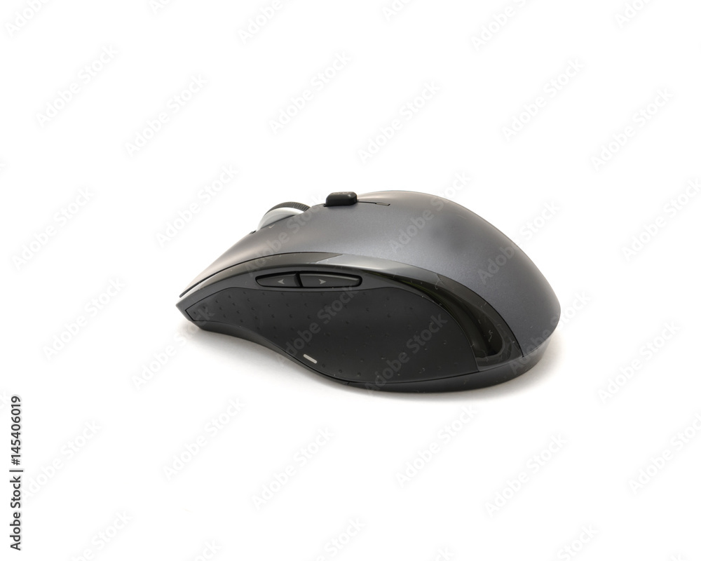 Fototapete studio shot black and grey sculpt ergonomic wireless mouse isolated on white. modern computer mice w