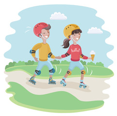 couple in love to roller skate, vector illustration