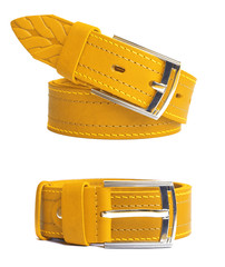 Yellow leather belt with buckle, isolated on white background.