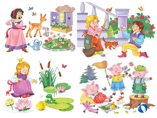Obraz na płótnie Canvas Small set of fairy tale illustrations. Snow White and seven dwarfs. Cinderella. Frog prince. Three little pigs. Coloring page. Coloring book. Cute and funny cartoon characters