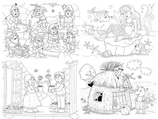 Small set of fairy tale illustrations. Snow White and seven dwarfs. Mermaid. Snow Queen. Three little pigs. Coloring page. Coloring book. Cute and funny cartoon characters
