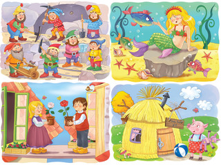 Small set of fairy tale illustrations. Snow White and seven dwarfs. Mermaid. Snow Queen. Three little pigs. Coloring page. Coloring book. Cute and funny cartoon characters