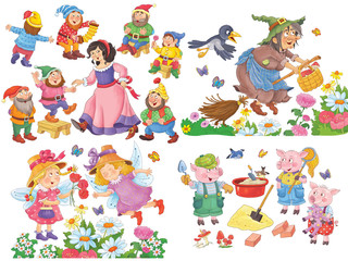 Small set of fairy tale illustrations. Snow White and seven dwarfs. Three little pigs. Cute fairies and a witch. Coloring page. Coloring book. Cute and funny cartoon characters