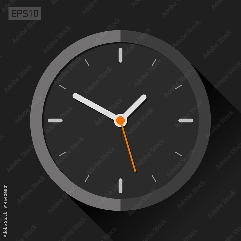 Poster clock icon in flat style, black timer on dark background. vector design element