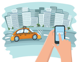picture of a taxi cab, mobile phone with map and big city on background, taxi service concept, flat style illustration