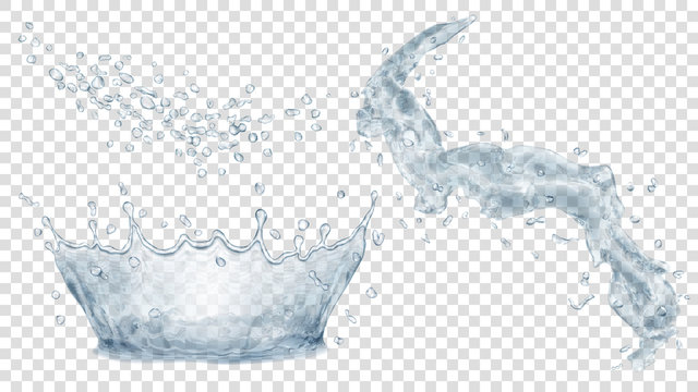 Gray water crown, drops and splash of water. Transparency only in vector file