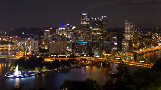4K Scenic Night Timelapse Of Pittsburgh, Pennsylvania, USA Skyline From Mount Washington