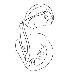 young mom hugs her baby, stylized vector symbol