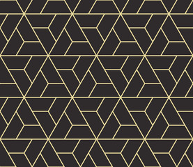 Fototapeta premium Seamless antique palette black and gold isometric revolving triangles outline pattern vector