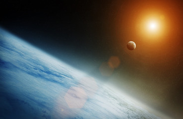 View of the moon close to planet Earth 3D rendering © sdecoret