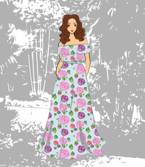 Fashionable romantic girl in floral maxi dress