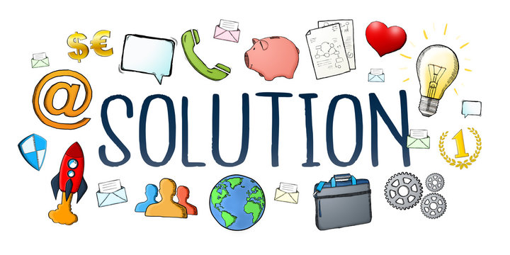 Hand-drawn solution text with icons