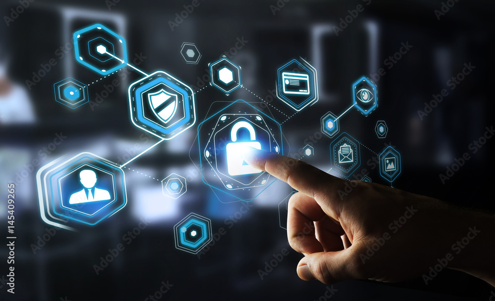 Poster Businessman using antivirus to block a cyber attack 3D rendering