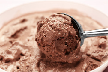Scoop with delicious chocolate ice cream ball, closeup