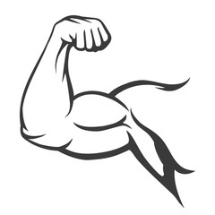 Bodybuilder muscle flex arm vector illustration. Strong macho biceps gym flexing hand vector icon isolated on white background - obrazy, fototapety, plakaty