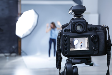 Professional camera in studio, closeup