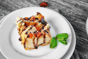 Delicious bread pudding on plate