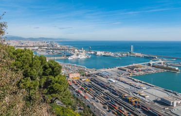 Beautiful Blue commerce in the ports of Spain in Barcelona.  Balearic sea & industrial shipping & rail ports on a blue-sky sunny day. - 145412073