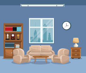 living room sofa bookcase table lamp window clock vector illustration eps 10
