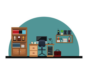 office interior desk chair computer briefcase bookshelf trophy clock telephone vector illustration