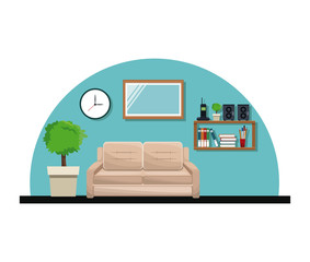 living room sofa pot tree clock cabinet book telephone stereo vector illustration