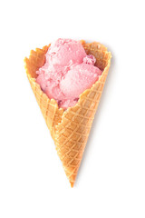 Delicious fruit ice cream in waffle cone on white background