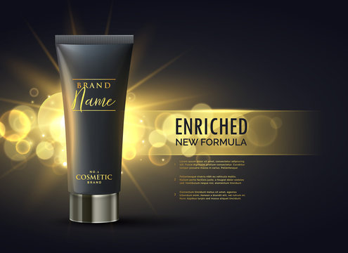 cosmetic product packaging design concept for premium brand in dark gold bokeh background