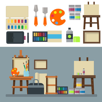 Painting art tools palette icon set flat vector illustration details stationery creative paint equipment.