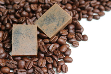 Close up of soap and roasted coffee beans