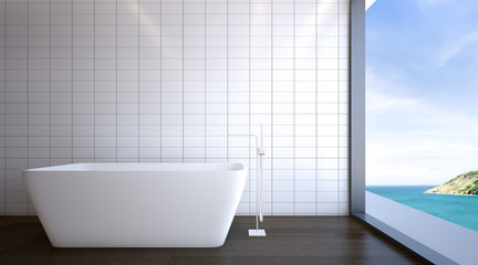 Naklejka na ściany i meble Bathtub is placed in bathroom with sea view , 3d rendering