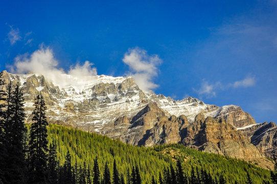 Sunny aspect of a mountain range in Banff National Park, Alberta, Canada.
