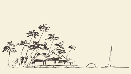 Sketches seaside view beach vector sketch