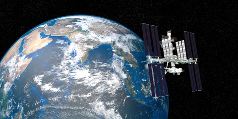 Extremely detailed and realistic 3d image of ISS international space station orbiting Earth. Shot from outer space. Elements of this image have been furnished by nasa.