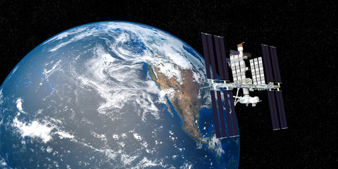Fototapeta na wymiar Extremely detailed and realistic 3d image of ISS international space station orbiting Earth. Shot from outer space. Elements of this image have been furnished by nasa.