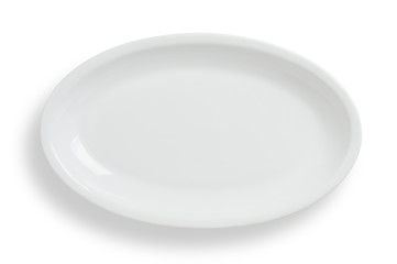 Empty white oval plate on white background, clipping path included.