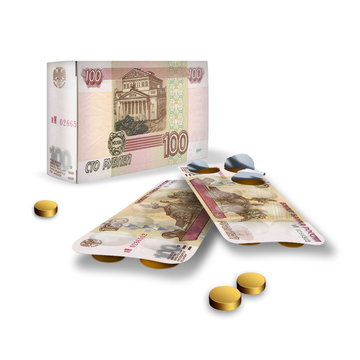 A hundred-ruble note, gold pills.
Packing of tablets in the form of a hundred-ruble note on a white background. 3d illustration.