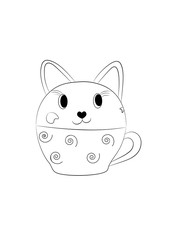 black vector illustration of a cartoon half cat half teacup on a white background
