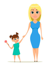 Happy mother's day greeting card. Mother holding her daughter hand. Best mom, mum ever cute. Daughter with tasty candy. Mother, Love, Children - stock vector