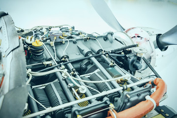 Aircraft engine detail. Piece of equipment of the aircraft engine closeup