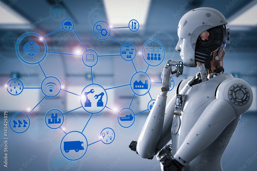 Poster android robot with industrial network