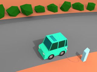 Obraz premium 3d rendering of Electric vehicle at charge station. Green low poly car charged by blue charger. Electric vehicle no need fuel energy.